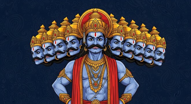 Illustration of Ravana, the ten-headed demon king for Dussehra festival