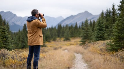A man stands on a trail in a forested area, capturing the beauty of mountains and nature with his camera. The scene conveys a sense of adventure and exploration.