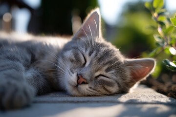 Gray tabby kitten sleeping on stone eyes closed whiskers prominent soft sunlight
