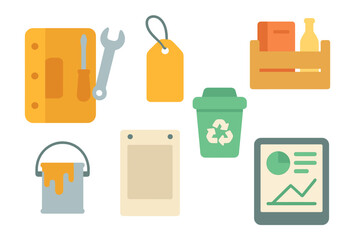 Collection of tools and items for home repair and organization showcased in a modern flat design