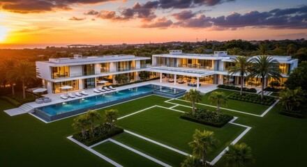 Fototapeta premium Luxurious Modern Estate with Pool at Sunset for Upscale Living