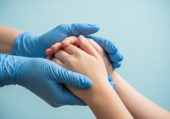 Gentle blue gloved hands tenderly holding a child s clasped hands offering comfort and care