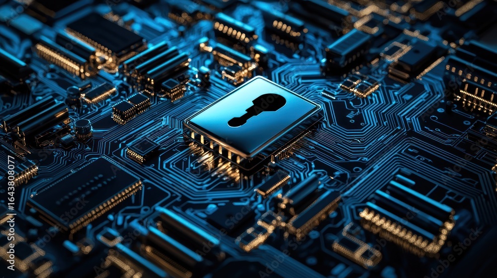 Poster a computer chip with a key symbol on it, set against a blue and black circuit board background.