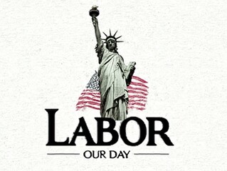 Labor Day customized t-shirt logo: Statue with torch and American flag background, bold "Labor Day" text on white, transparent PNG sticker with border for apparel printing and merchandise