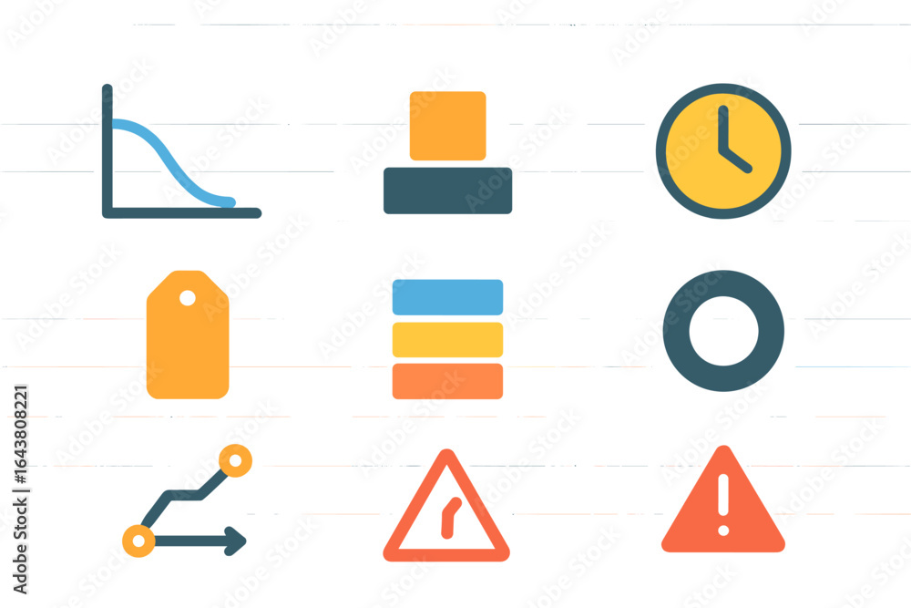 Aufkleber colorful flat design icons representing various concepts like time management, warning signs, and da