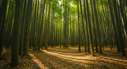 Sunlight filtering through a dense bamboo forest with dappled light on the ground