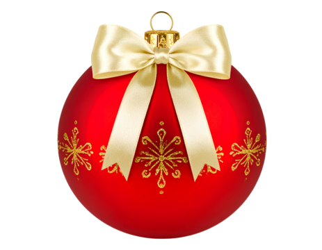Red Christmas ball with a beautiful bow and a golden pattern. christmas design isolated on transparent background.
