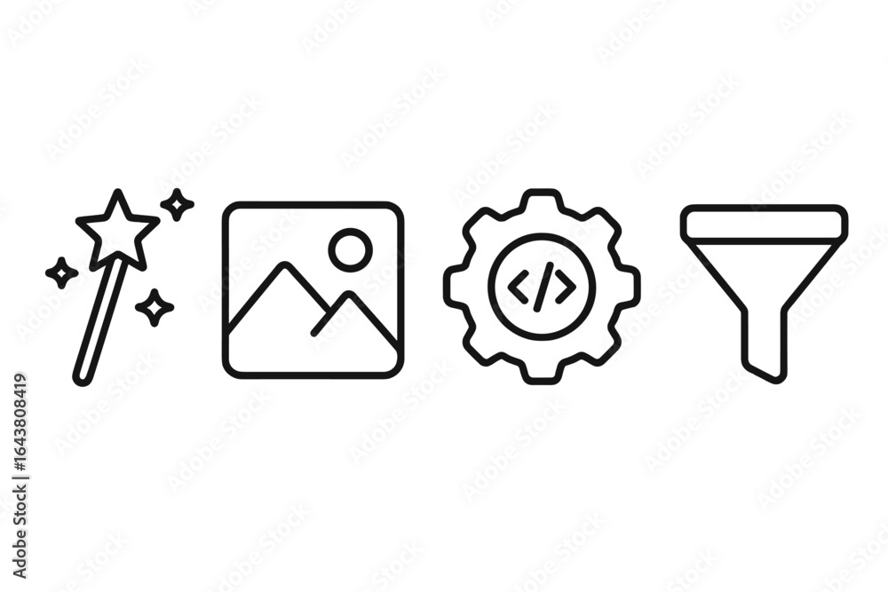 Poster icons representing creativity tools for digital design and content creation in a minimalist style su