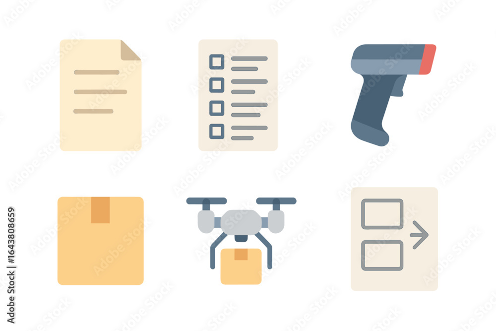 Poster collection of delivery-related icons representing various logistics activities and tools utilized in
