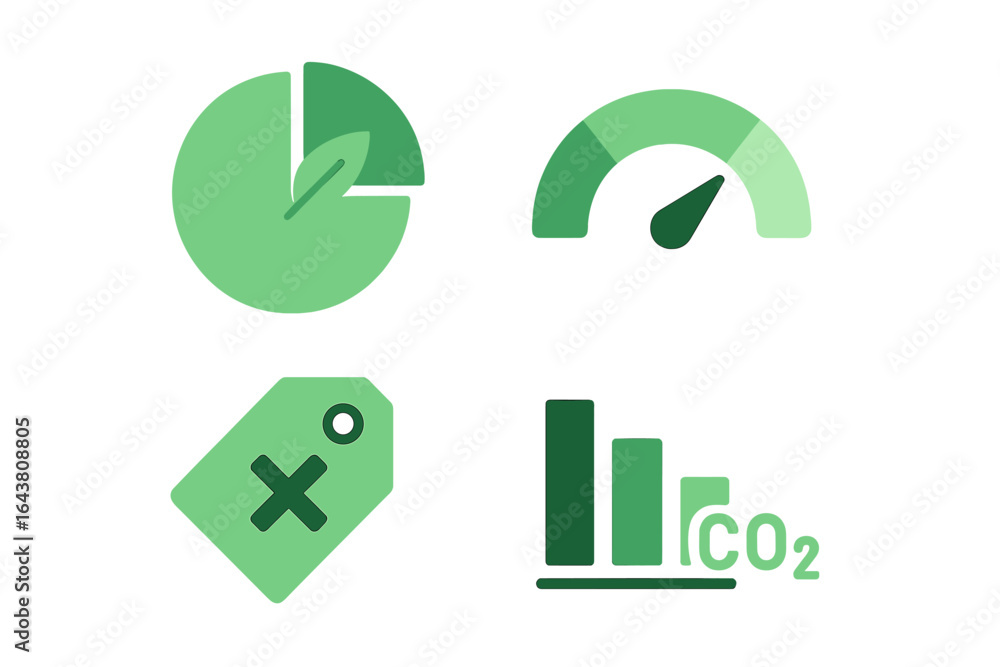 Poster various green icons representing environmental sustainability and data visualization in a modern des