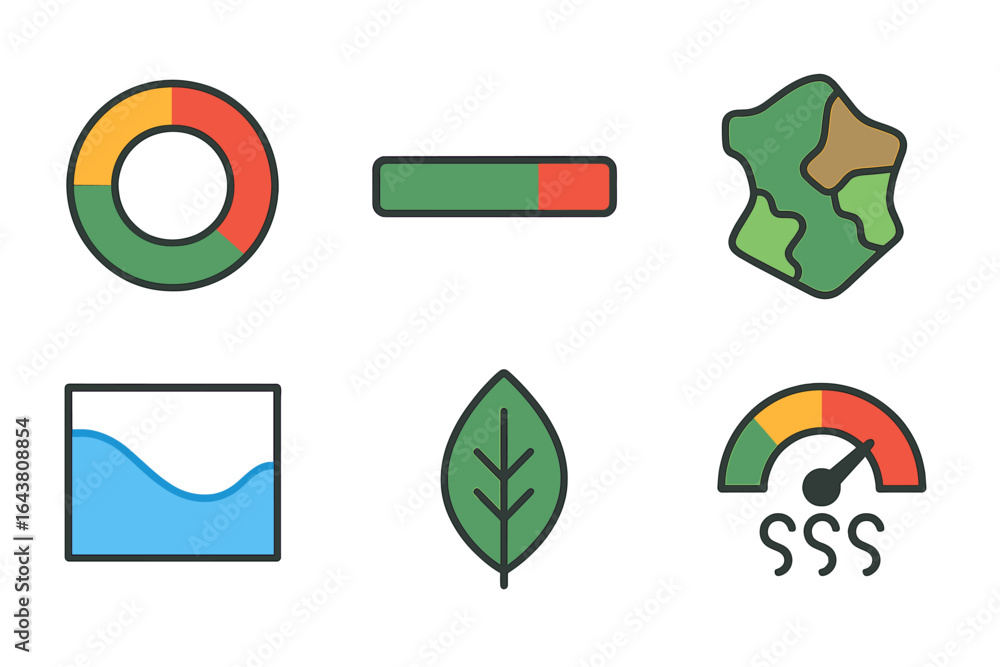 Poster colorful icons representing environmental concepts and data visualization in a modern style