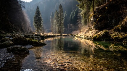 Obraz premium Serene river flowing through a forest of trees.