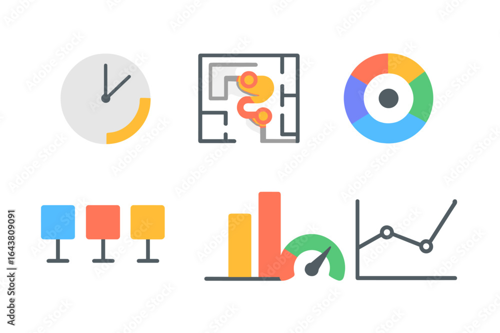 Poster colorful digital icons representing time management, process mapping, data visualization, and perfor