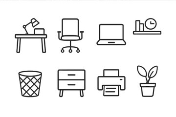 Workspace essentials featuring desk, chair, laptop, and office supplies in a minimalist style