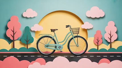 Mint bicycle on a scenic paper landscape with pink trees and clouds  