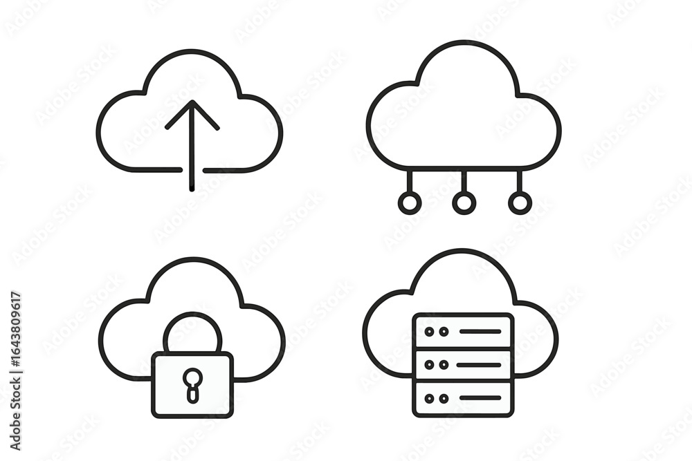 Poster cloud storage icons representing upload, connectivity, security, and server management features in a