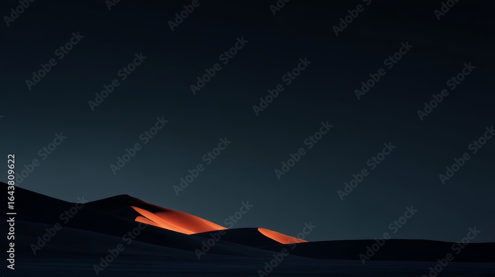Poster Panoramic view of desert sand dunes at twilight with glowing orange crests and deep blue shadows creating a dramatic and tranquil landscape with copy space on the left