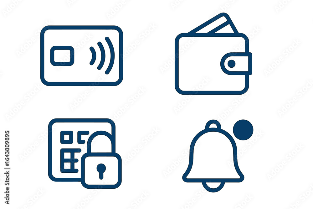 Poster icons representing secure payment methods and notifications for contactless transactions and digital