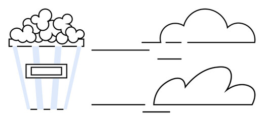 Popcorn bucket alongside two floating clouds and motion lines. Ideal for creativity, imagination, entertainment, storytelling, relaxation, film, and daydreaming themes. A simple flat metaphor