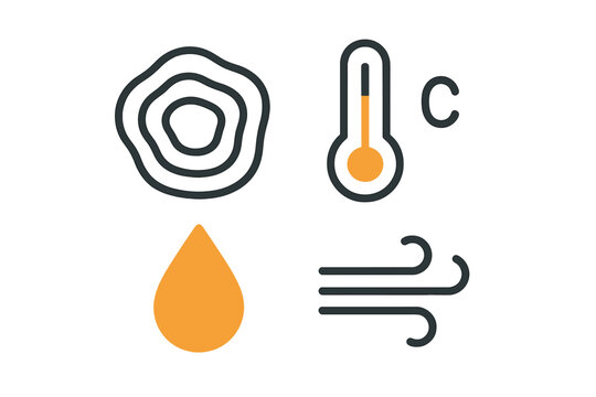 Weather symbols representing temperature, precipitation, and wind in a minimalistic design for educational purposes