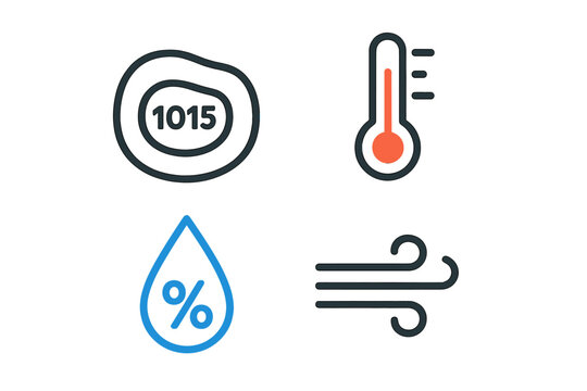 Weather symbols indicating temperature, humidity, pressure, and wind conditions in meteorological data report