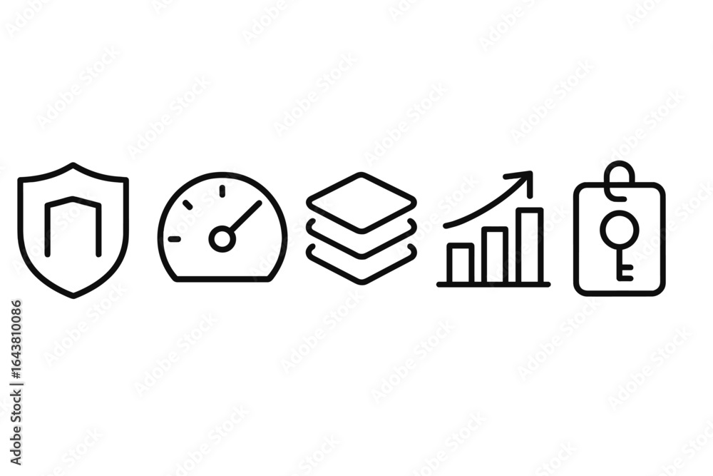 Poster symbols representing security, performance, data management, growth, and access in a digital context
