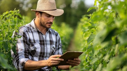 A man in a hat and plaid shirt, holding a tablet in a green field with plants.