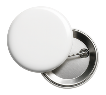 White round badge with metal pin.