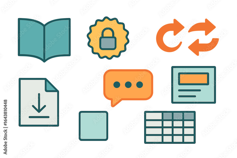 Poster colorful icons representing digital tools for communication and information management in modern wor