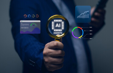 Artificial intelligence agent technology with digital financial data, analytical charts and trend graphs, investment management assistant, data visualization and intelligent financial planning system.