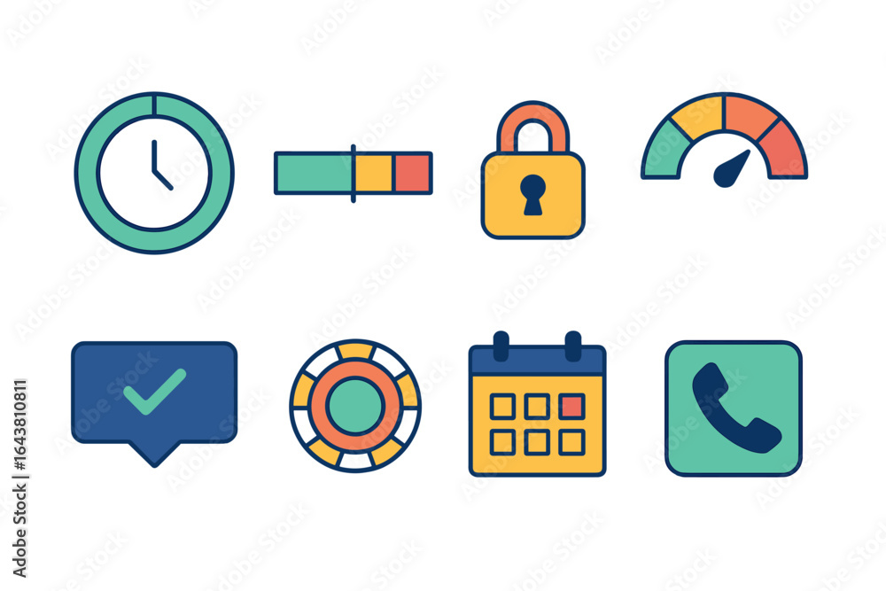 Poster colorful icons representing time management, security, and communication concepts shown in a clean l