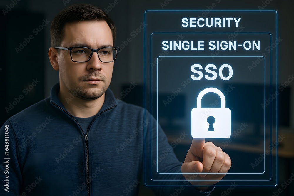 Poster a person interacting with a digital single sign-on security interface.