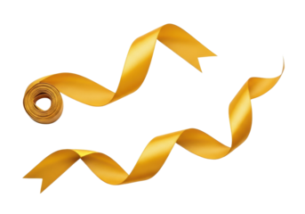 Two lustrous golden satin ribbons, one S-shaped, one with a loose loop and serpentine wave, against a transparent isolated background with no shadows, in a top-down view, elegant festive decoration