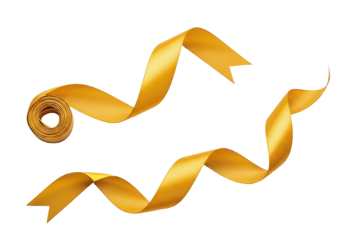 Two lustrous golden satin ribbons, one S-shaped, one with a loose loop and serpentine wave, against a transparent isolated background with no shadows, in a top-down view, elegant festive decoration