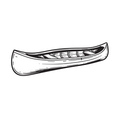 Hand drawn vintage canoe illustration in black and white isolated on white background.