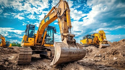 Obraz premium A yellow excavator with a bucket in a construction site. The machinery concept of heavy equipment is present.