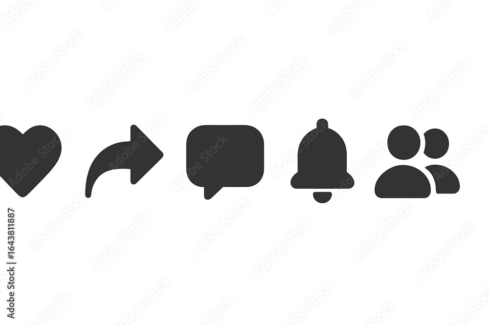 Poster symbols representing social media interactions displayed on a modern digital interface in a minimali