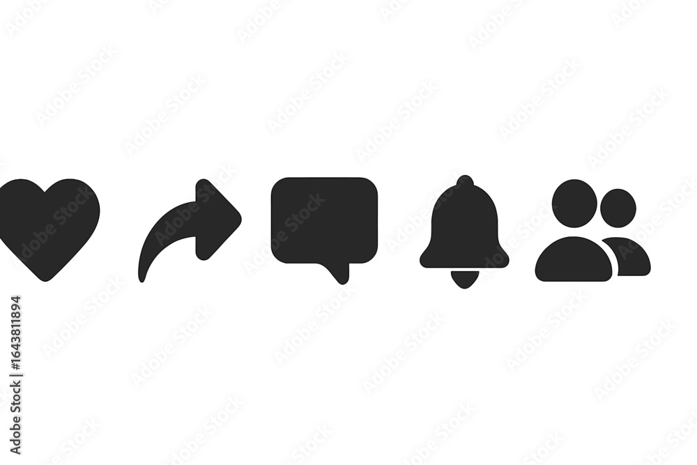 Poster symbols representing social media interactions and notifications for digital communication platforms