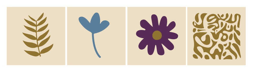Conjunto de cuatro ilustraciones florales minimalistas. Diseños botánicos abstractos, estilo dibujado a mano.
