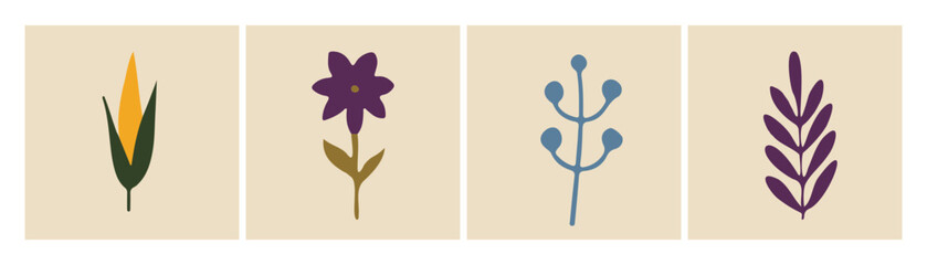 Ilustraciones minimalistas de flores y hojas. Conjunto de diseño abstracto dibujado a mano.