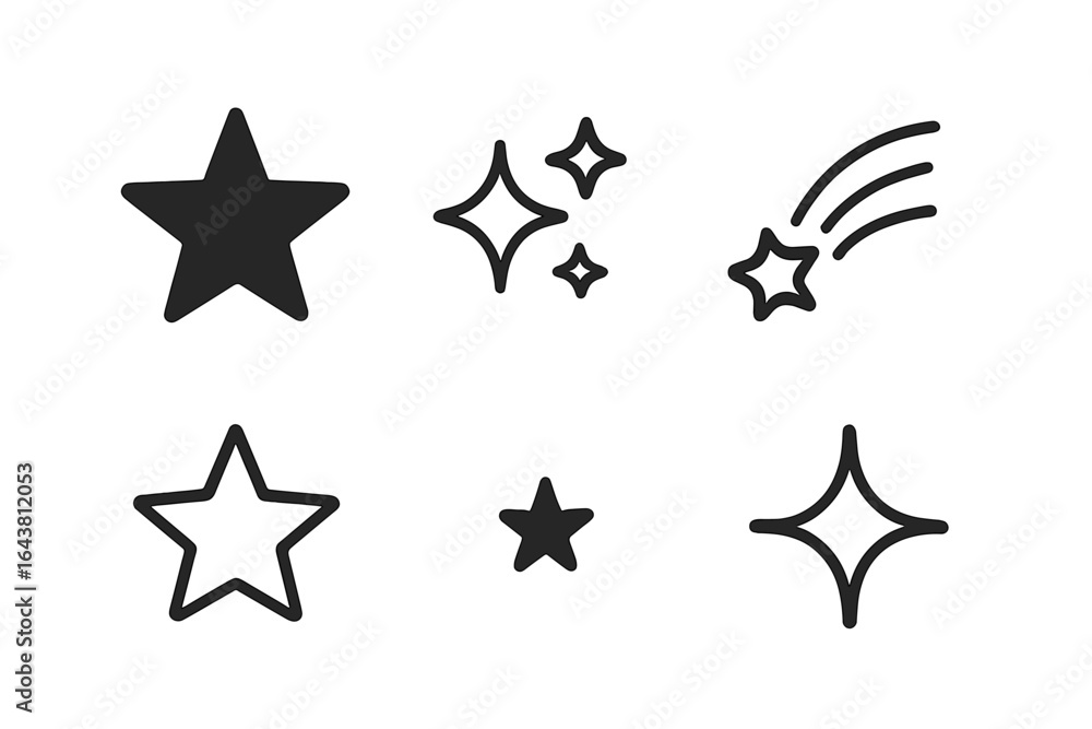Poster collection of simple black star and sparkle icons for graphic design and visual elements in creative