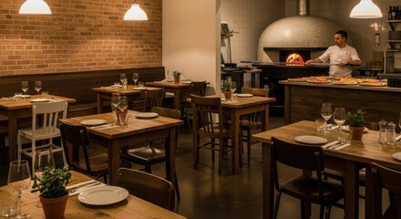 Interior view of a restaurant with wooden tables set for dining, a brick wall, and a chef preparing pizza near a wood-fired oven.