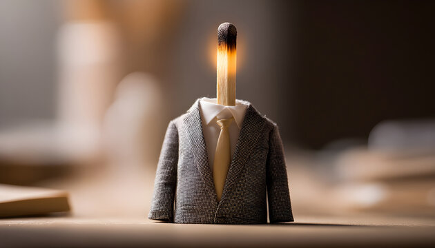businessman beaming at desk. head is a burnt match head Conceptual photo illustrating burnout syndrome at work