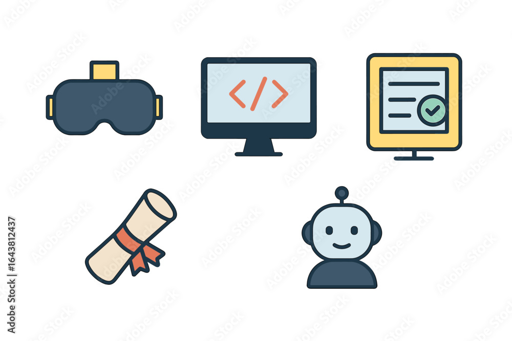 Poster technology symbols representing virtual reality, programming, and education in a modern learning env