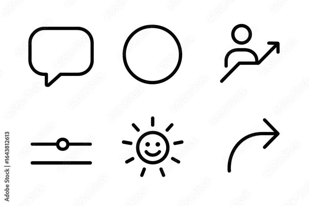 Poster collection of simple line icons representing communication, growth, settings, and positivity in a mi