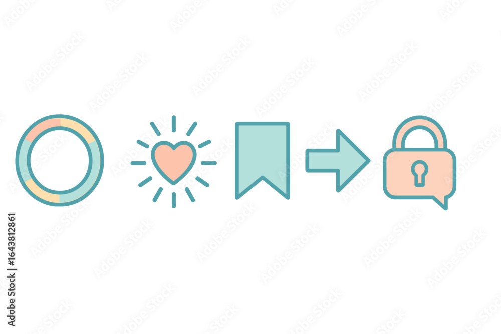 Poster symbols representing actions and emotions in a minimalist design using soft pastel colors on a white