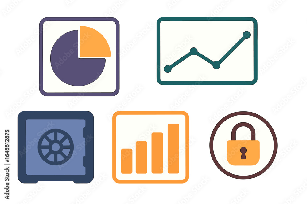 Poster various icons representing data analysis, finance, and security concepts in a simple design format