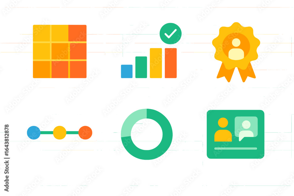Aufkleber modern graphic icons representing analytics and user engagement in a digital workspace environment