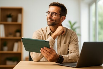 Confident Man Working From Home With Tablet and Laptop by Window Light