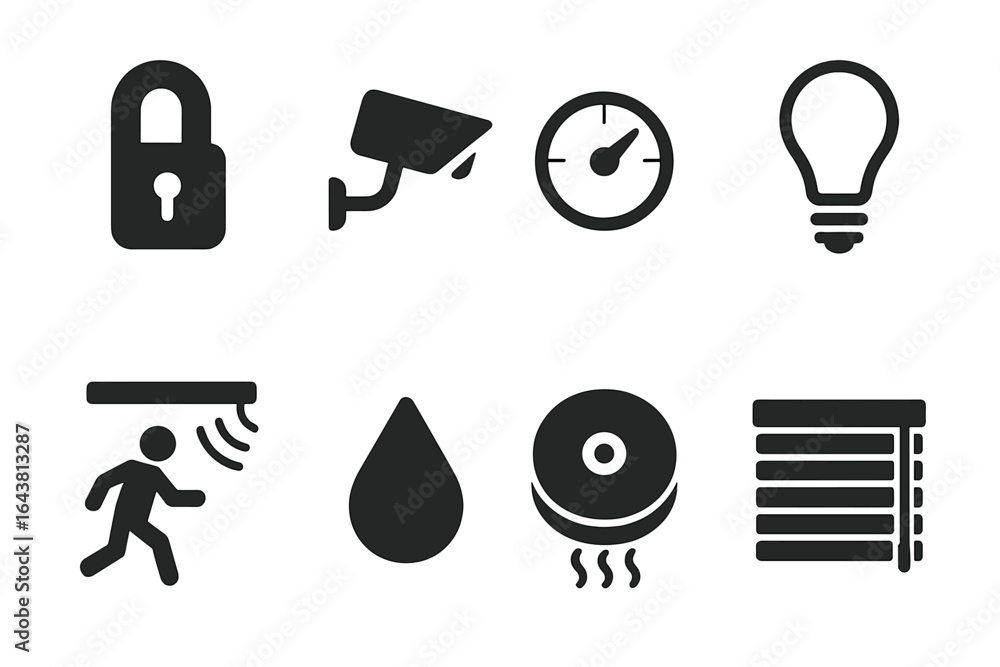 Poster icons representing security and monitoring systems in a modern home setting